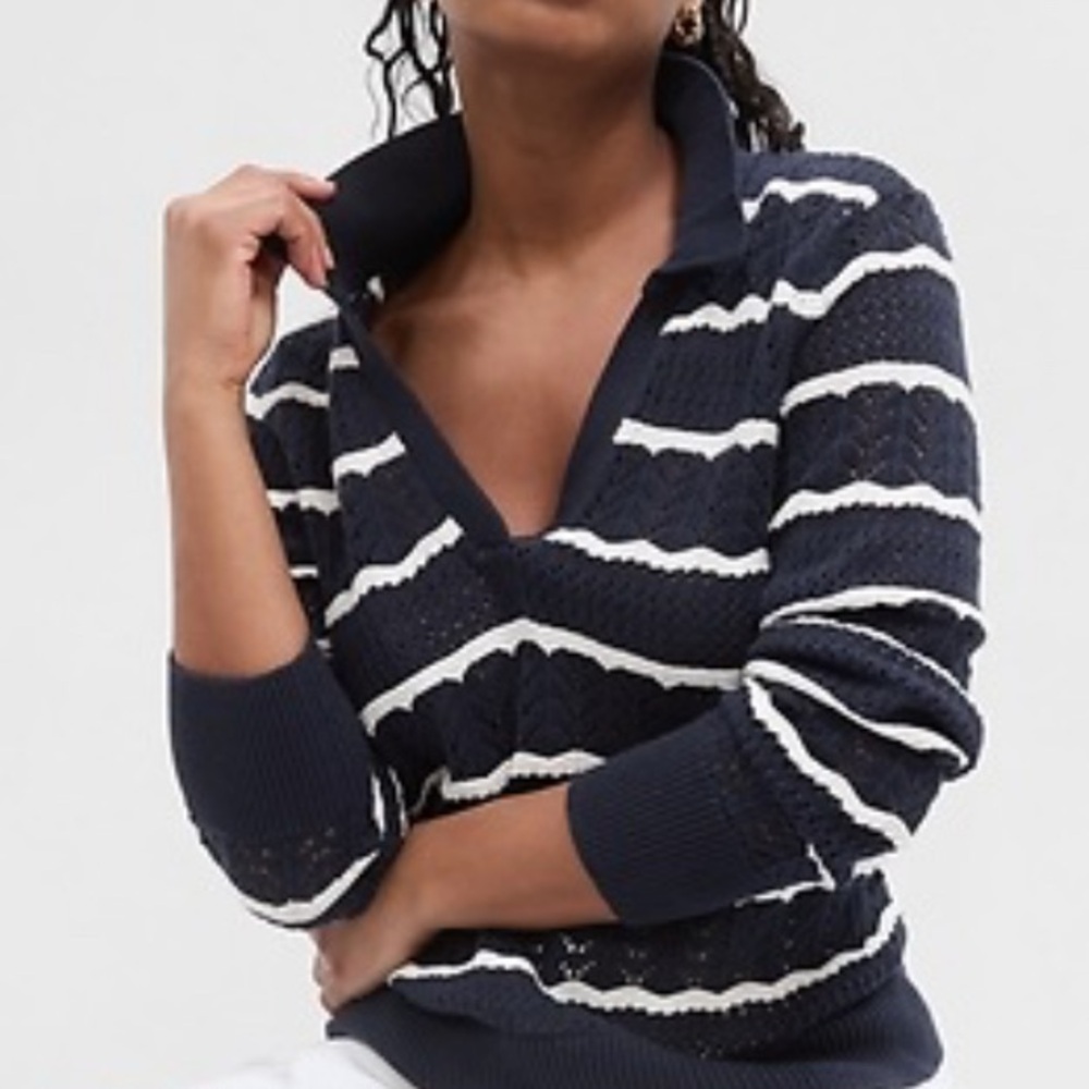 GAP Crochet Collared V-Neck Ribbed Sweater Navy/White Stripes Size L
